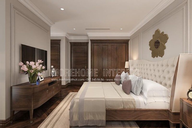 Thiết kế nội thất phòng ngủ Master phong cách tân cổ điển với vẻ đẹp nhẹ nhàng, thanh lịch, sang trọng mang lại sự thư giãn, tiện nghi và thoải mái nhất