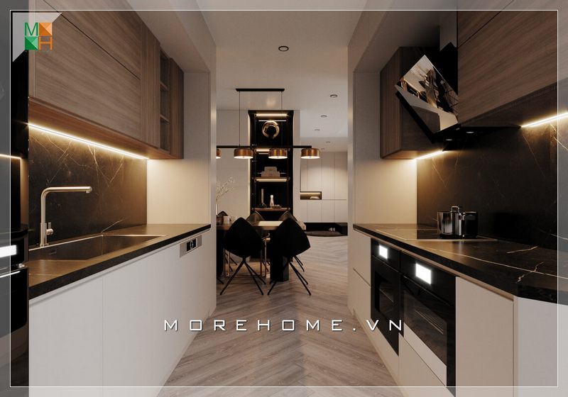 Tách biệt riêng khu nấu nướng được bố trí bàn ghế ăn nhỏ vừa thuận tiện lại sử dụng kính đá cùng màu thống nhất