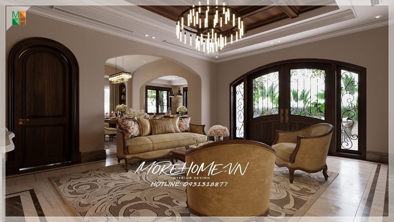 Mẫu cửa gỗ 4 cánh phối kim loại uốn nghệ thuật sang trọng cho nhà phố, biệt thự